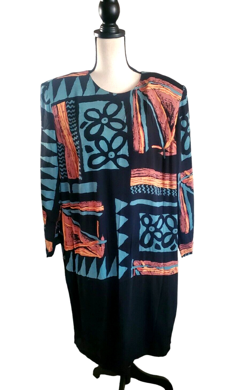 Vintage K. C. Spencer Black Teal Green Wearable Art Midi Shift Dress L/S Sz 16